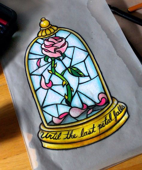 Beauty and the beast rose Flower Vase Tattoo, Beauty And The Beast Flower, Vase Tattoo, Beauty And The Beast Tattoo, Stained Glass Tattoo, Stained Glass Rose, Kunst Tattoos, Doodles Art, Harry Potter Tattoos