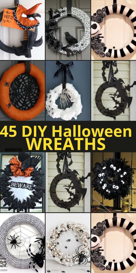 45 Easy DIY Halloween Wreaths That You Can Make Easy Halloween Wreaths Dollar Tree, Simple Halloween Wreath Diy, Diy Mesh Halloween Wreath, Halloween Crafts For Ladies Night, Halloween Tulle Wreath Diy, Homemade Halloween Wreaths, How To Make Halloween Wreaths, Simple Halloween Wreath, Cute Halloween Wreath