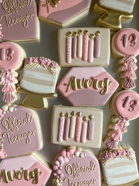 Pink Party Cookies, Cake Shaped Cookies Decorated, Pink And Purple Cookies, Birthday Cookie Ideas For Women, Personalized Cookies Birthday, Birthday Cookies Royal Icing Women, 23 Birthday Cookies, Decorated Cookies Birthday Woman, Purple Birthday Cookies Decorated