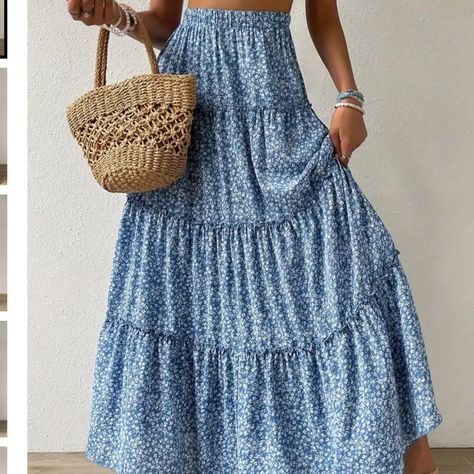 New In Bag Boutique Item Flowy Tiered High Waist Maxi Skirt Perfect For Season If You Like #Freepeople, #Lauraashley, Etc. Polyester Full Length Skirt Outfits, Beachy Closet, Hippy Skirts, Long Flowy Skirt Outfit, Tiered Skirt Outfit, Portugal Fits, Cutesy Clothes, Blue Skirt Outfits, Long Blue Skirts