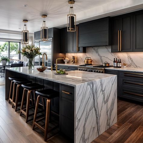 Tan And Black Interior Design, Black White Brown Home Interior, White And Black Marble Kitchen, Black Island White Kitchen, Dark Colour Kitchen Ideas, Mood Board Modern Interior, Dark Moody Kitchen Ideas, Black Waterfall Island Kitchen, 2 Tone Cabinets Kitchen