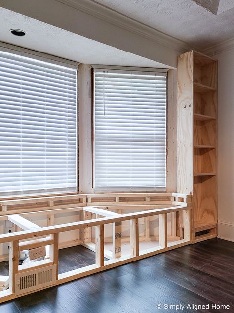 Bay Window Ideas Bedroom, Window Ideas Bedroom, Window Bench With Storage, Window Seat Living Room, Window Seat Storage Bench, Small Moody Office, Bedroom Window Ideas, Bay Window Bench, Modern Bay Window