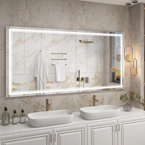 72x36 Shatter-Proof Large Bathroom Wall Mounted Mirror, 3 Light Temperature with Easy Touch Buttons Home Mirror, White Bathroom Vanity, Light Temperature, Large Bathroom, Smart Bathroom, Mirror Led, Mirror 3, Mirror Reflection, Led Bathroom