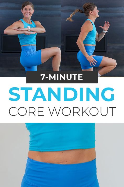 Strengthen and define the core with this fast Ab Circuit Workout: Standing Abs! 8 of the most effective ab exercises targeting the lower abs, upper abs and obliques - all from a standing position. No equipment needed for this bodyweight core burner. Core And More Workout, 10 Minute Standing Ab Workout, Lower Belly Standing Workout, Exercise For Obliques, Lower Belly Workout Standing Up, Exercise Ball Ab Workout, Standing Stomach Exercises, Standing Lower Ab Workout, Standing Workouts At Home