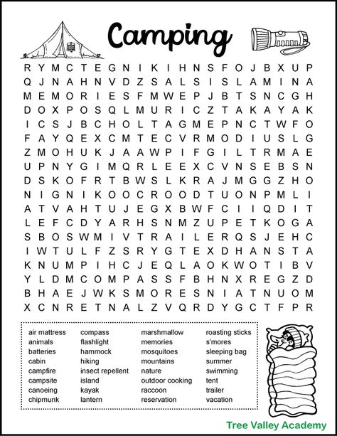 This difficult camping word search is a great print and go activity to take with you on your family's next summer camping trip. There are 32 hidden camping themed words for kids to find and circle in this challenging word puzzle. Camping Word Search, Word Puzzles For Kids, Word Search For Kids, Word Search Puzzles Printables, Free Printable Word Searches, Word Search Printables, Hard Words, Word Puzzle, Hidden Words