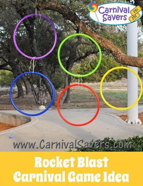 Lots of carnival game ideas--love the idea for shooting rockets through hula hoops! School Carnival Booth Ideas, Applefest Ideas, Winter Vbs, Boardwalk Carnival, Carnival Birthday Party Games, School Carnival Games, Carnival Activities, Diy Carnival Games, Backyard Carnival