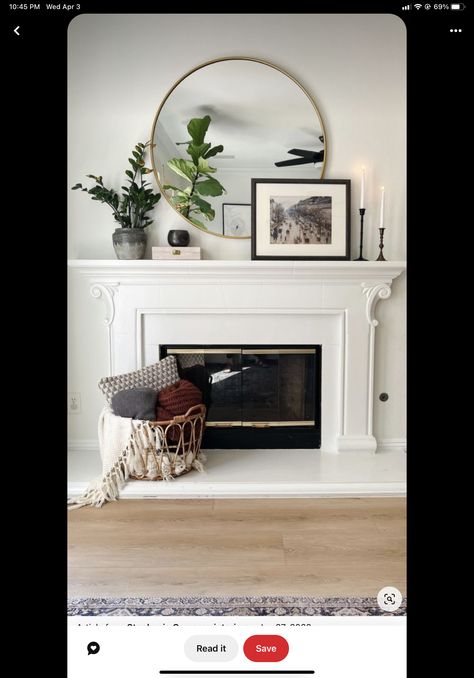 Round Mirror Over Fireplace, Mantle Decor With Mirror, Alabaster Paint, Above Fireplace Decor, Mirror Over Fireplace, Mirror Above Fireplace, Fall Mantel Decor, Sherwin Williams Alabaster, Fireplace Mantle Decor