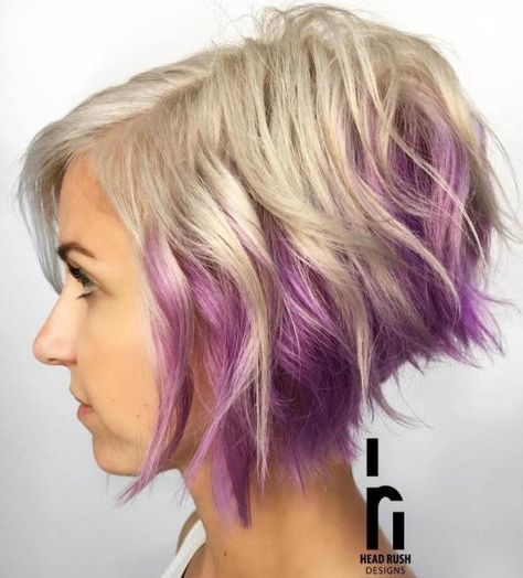 Two-Tone Blonde And Lavender Bob Blonde And Purple, Peekaboo Hair Colors, Peekaboo Color, Peekaboo Highlights, Peekaboo Hair, Shaggy Bob, Highlights Blonde, Creative Hair, Short Wavy Hair