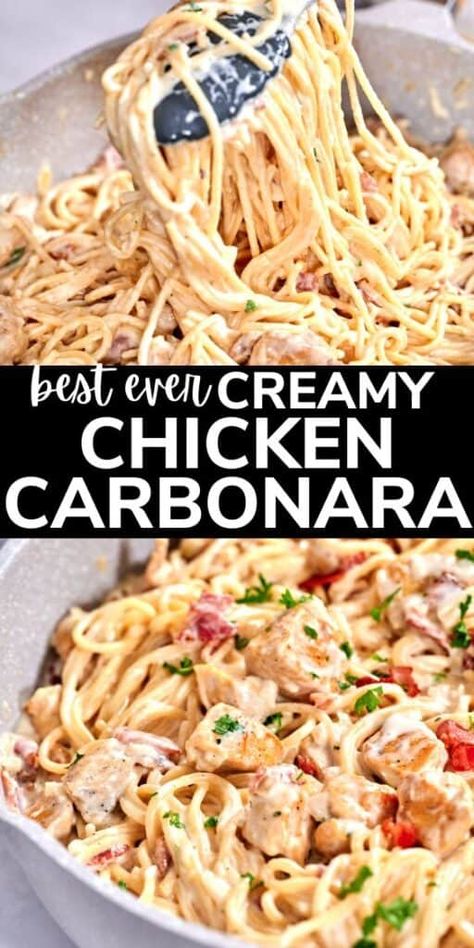 This Chicken Carbonara Pasta is the ultimate weeknight hero, featuring pan-seared chicken, crispy bacon, and a creamy Parmesan sauce. It’s restaurant-quality flavor you can make at home in just 30 minutes. Ultra-creamy and irresistibly good, this chicken pasta puts a new spin on traditional carbonara. Best Ever Chicken Carbonara, Best Chicken Carbonara, Pasta Bacon Carbonara, Chicken Parm Pasta Recipes, Chicken Bacon Carbonara Pasta Easy, Sunday Dinner Ideas Pasta, Chicken Carbonara Pasta Recipe, Creamy Chicken Carbonara Recipe, Copycat Olive Garden Carbonara