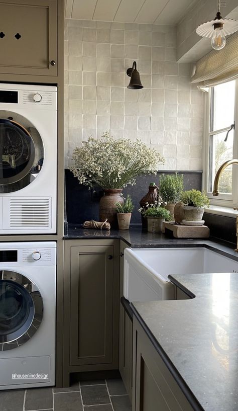 Dark Brown Laundry Room, Top Loading Washing Machine Laundry Room, Unique Laundry Room, Kitchen With Laundry, Black Counter Laundry Room, Modern Mountain Laundry Room, Nancy Meyers Laundry Room, Taupe Laundry Room, Spanish Style Laundry Room