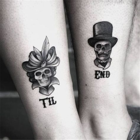 Couple Tattoos Matching, Tattoo Ideas Couple, Skull Couple Tattoo, Couple Tattoos Ideas, Couple Tat, Him And Her Tattoos, Partner Tattoos, Couple Tattoo Ideas, Tattoos Matching