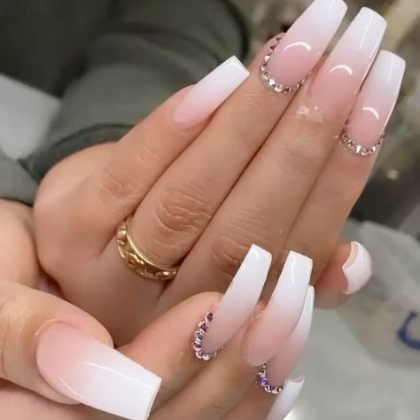 Pink And White Ombre Nail Designs With Rhinestones, Ombre Nail With Rhinestones, Ombré Nails With Rhinestones, White Nail Designs With Rhinestones, White Ombre Nails With Rhinestones, Ombré Nails With Gems, Ombre Nails With Jewels, Ombre Nails With Gems, Ombre Acrylic Nails With Rhinestones