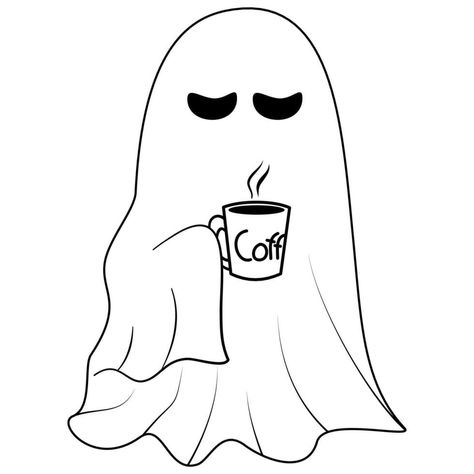 Ghost With Wine Glass Tattoo, Ghost Illustration Cute, Cartoon Ghost Tattoo, October Doodles, Coffee Tattoo Ideas, Ghost Music, Ghost With Coffee, Ghost Drinking Coffee, Coffee Cup Tattoo