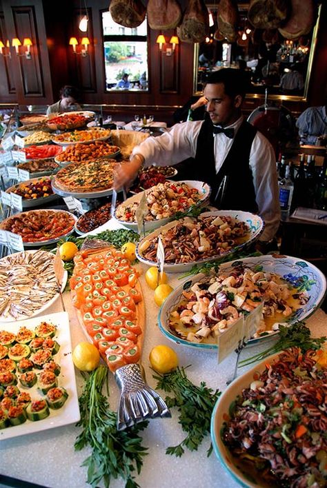 Entertaining Goals - Cafe Fiorello Antipasto Bar Wedding Buffet Food, Catering Ideas Food, Party Food Buffet, Buffet Set, Reception Food, Wedding Reception Food, Wedding Buffet, Fish Plate, Chafing Dishes