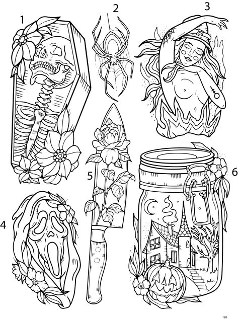 Halloween Sticker Tattoo Sleeve, Female Filler Tattoos, Patchwork, Witch Flash Art, Tattoo Designs For Mothers, Spooky Tattoo Flash Sheet, Creepy Tattoos Stencil, Spine Tattoos For Bigger Women, Beautiful Tattoo Stencil