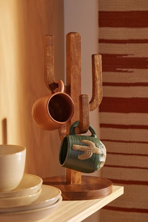 Kitchen Countertop Organization Ideas, Cactus Mug, Kitchen Countertop Organization, Wood Mug, Western Kitchen, Rustic Mugs, Wooden Cup, Coffee Cup Holder, Countertop Organization