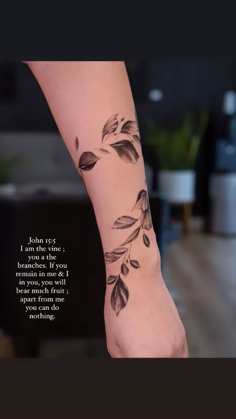 Christian Wrap Around Tattoo, Floral Biblical Tattoo, Biblical Vine Tattoo, Christian Thigh Tattoo Women, Vine Wrap Tattoo, Biblical Tattoos For Women Sleeve, Grandparents Tattoo, Tattoos Lion, 2024 Tattoo