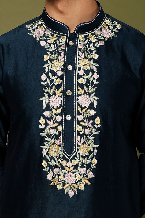 Buy Blue Vis Silk And Spun Lining 100% Embroidery Applique Kurta Set For Men by SAMMOHAN CEREMONIAL Online at Aza Fashions. Applique Kurta, Suit Styles For Men, 15 August Photo, Bird Embroidery Pattern, Silk Churidar, Embroidery Kurta, Wedding Kurta For Men, Stylish Men Wear, Traditional Wear For Men