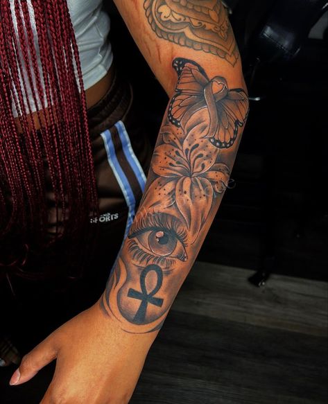 @ inkedby_que on ig Speak No Hear No See No Tattoo, Inside Sleeve Tattoo, Rykky.yy Tattoo, Tattoo Ideas Female Brown Skin, Spiritual Forearm Tattoos For Women, Lower Half Arm Sleeve Tattoos For Women, Woman Praying Tattoo, Girly Flower Tattoos, Girl Tattoo Ideas Black People