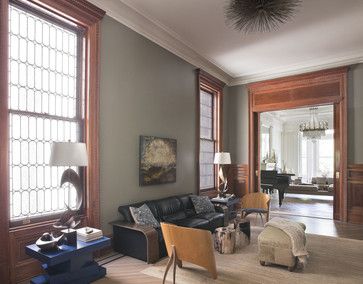 decorating oak woodwork taupe blue  living room | Gray Paint Colors with Wood Trim is Sherwin Williams Unusual Gray. Stained Wood Trim, Dark Wood Trim, Transitional Family Room, Best Wall Colors, Stained Trim, Oak Trim, Revere Pewter, Room Paint Colors, Paint Colors For Living Room