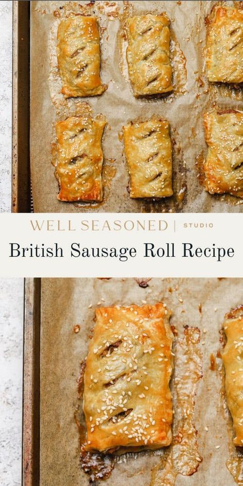 Warm, flaky Sausage Rolls are baked until golden brown and the filling is sizzling. These British treats are a fantastic appetizer or, when cut into smaller bite-size pieces, make a delicious savory hors d'oeuvres for holiday parties. Make ahead and freezer-friendly! #wellseasonedstudio #sausageroll #puffpastry #britishfood British Sausage Rolls, Sausage Rolls Puff Pastry, British Sausage, Sausage Roll Recipe, Homemade Sausage Rolls, Bake Off Recipes, Sausage Rolls Recipe, British Cooking, Best Sausage