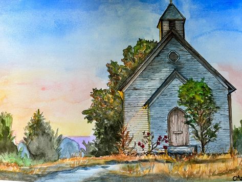 Beautiful giclee print of an old church at sunset. Nestled on the top of a hill in the country with wild roses near the front entrance, you can almost smell the late summer air. Prints are on high quality paper that has a thickness similar to watercolor paper. Choose your size below. Northern Lights Painting, Old Country Churches, Church Pictures, Barn Wood Crafts, Country Church, Christian Symbols, Cottage Art, Church Building, Front Entrances