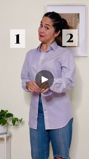 13K views · 243 reactions | Ingenious techniques for styling your classic button-up shirts! 👔🫰🏼 | Ingenious techniques for styling your classic button-up shirts! 👔🫰🏼  Five valuable styling hacks that are absolute essentials and will elevate your... | By Annie Lynn | This vintage shirt has such a great pattern but a not so great fit. With a little styling, it could be a fun piece in your wardrobe. Start with your shirt fully unbuttoned then fold the collar inward and smooth it out. Take the two sides and cross them over tightly making sure the buttons and button holes are folded under. Tuck each side into your jeans. Finally, fold up those sleeves until it's just below the elbow and you have a very cool top that even your mom will love. Say goodbye to those bulky messy tucks. Start by How To Cross Tuck Button Down Shirt, Tucking Shirt Hack, How To Fold Button Up Shirts Sleeves, Style Oversized Button Up, How To Tuck In Button Down Shirt Women, Ways To Style A Button Down Shirt, How To Gather Front Of Shirt, Button Up Collared Shirt Outfit, Button Blouse Hack