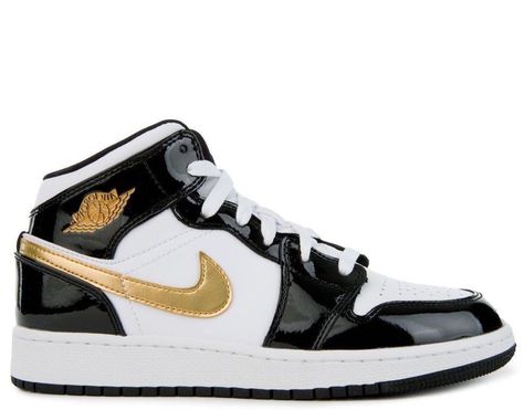 JORDAN 1 MID PATENT BLACK WHITE GOLD (GS) - The Edit LDN Black And Gold Streetwear, Jordan 1 Panda, Aj1 Mid, Zapatillas Nike Jordan, Black And Gold Accents, Nike Jordan 1 Mid, Black And Gold Aesthetic, Gold Nike, Nike Shoes Air Force