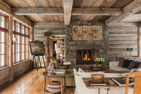 A Snowy Cabin in the Woods - Mountain Living Mountain Lodge Living Room, Snowy Cabin In The Woods, Cozy Cabin In The Woods, Snowy Cabin, Timber Frame Barn, Hand Hewn Beams, Central Building, Log Wall, Sky Home