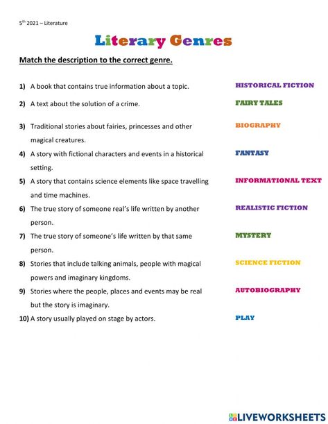 Literature Worksheets High School, Genre Activities, Literary Genres, Bad Case Of Stripes, English Grammar Exercises, Grammar Exercises, Study English, Literary Genre, Realistic Fiction