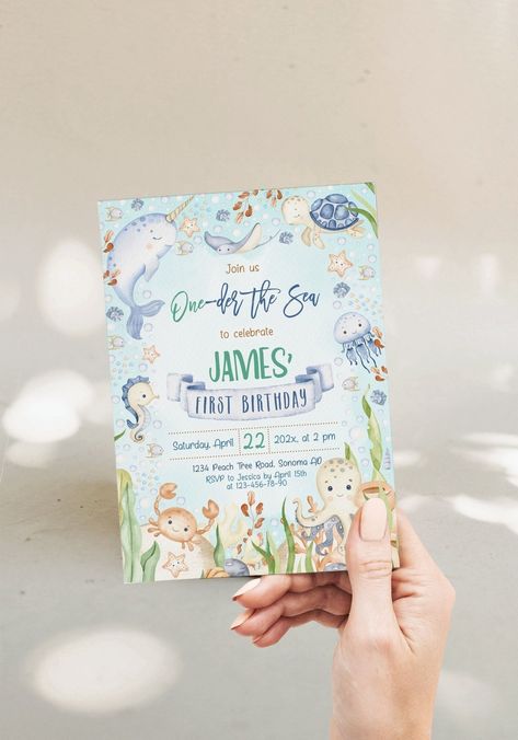 Party Time: Kid's Birthday Invitation Ocean First Birthday Party, Under The Sea First Birthday Boy, Oneder The Sea 1st Birthday Boy, Under The Sea First Birthday, Oneder The Sea, Animals Party, Party Template, Sea Birthday, Birthday Invitations Kids