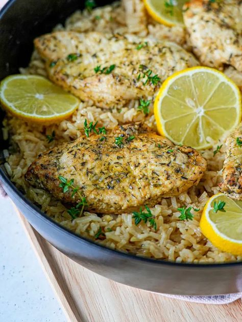 One-pan Lemon Herb Chicken Rice Soy Glazed Salmon, Seasoned Chicken Breast, Herb Rice, Buttery Rice, Pork Pasta, Rice With Chicken, Lemon Herb Chicken, Leafy Salad, Marinating Chicken Breast