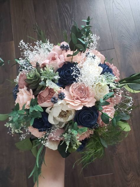 Navy Bridal Bouquet, Navy Blue Bouquet, Blue And Blush Wedding, Navy Wedding Flowers, Dusty Pink Weddings, Bridal Bouquet Blue, Wood Flower Bouquet, Mauve Wedding, Navy Blue Flowers