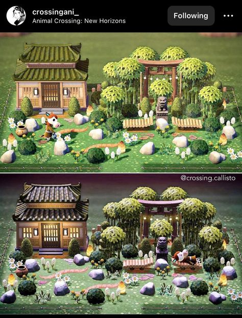 Animal Crossing Zen Garden, Acnh Ghibli, Acnh Zen Garden, Bilo Bilo, Acnh Japanese, Cottagecore Animal Crossing, Ac Ideas, Japanese Animals, Japanese Village