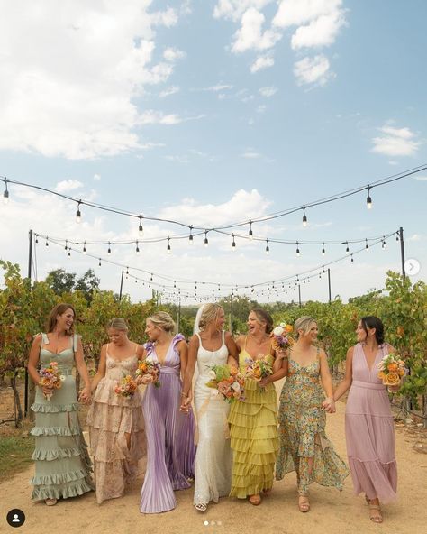 Dark Pastel Bridesmaid Dresses, Rainbow Bridesmaids Dresses, Whimsical Garden Bridesmaid Dresses, Different Textured Bridesmaid Dresses, Wedding Bridesmaid Dresses Colorful, Two Bridesmaids Only, Maximalist Bridesmaid Dresses, Coordinated Bridesmaid Dresses, Pastel Rainbow Bridesmaid Dresses