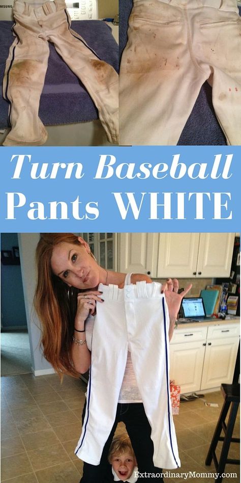 How to Clean Baseball Pants: Turn Baseball Pants White - simple solutions here - (Softball Pants too) ExtraordinaryMommy.com Clean Baseball Pants, Baseball Stains, Baseball Videos, Baseball Tips, Bat Design, Football Pants, Baseball Balls, Baseball Gear, Baseball Uniforms