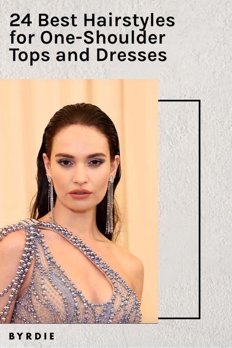 Hairstyles For Over The Shoulder Dress, Hairstyles To Go With One Shoulder Dress, Hairstyle For One Strap Dress, Closed Dress Hairstyles, Easy Hair For Gala, One Sleeve Hairstyle, One Shoulder Dress Hairstyles Prom, Asymmetrical Prom Dress One Shoulder, One Shoulder Tops Outfit