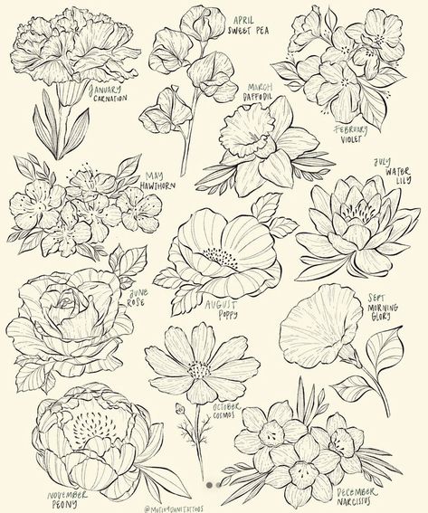 Monthly Flower Chart, Birth Month Flower Sketches, Birth Flower Half Sleeve, Birth Month Flower Tattoos On Arm, Cluster Of Flowers Tattoo, Birth Flower Chart, Moutain Tattoos, Art Exercises, Shoulder Cap Tattoo