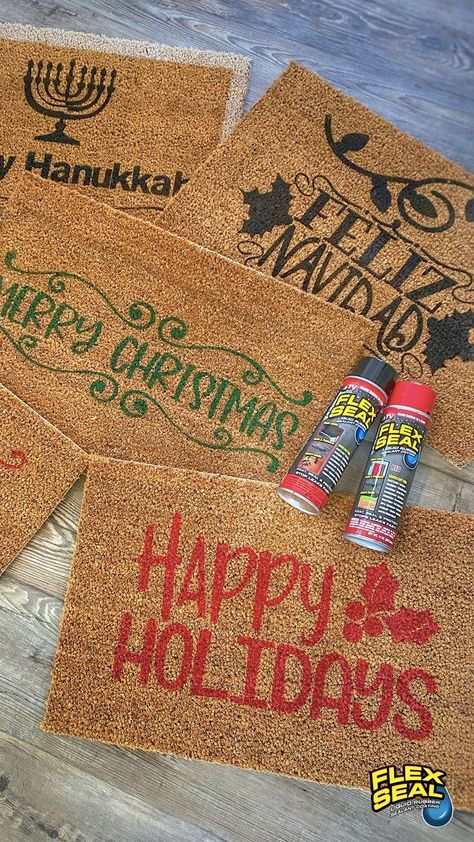 Decorate your doorstep with a Flex Seal® DIY Doormat that Sleighs! Our friend 📷 @shesthecarpenter/IG used Flex Seal Colors to create these Tree-mendous welcome mats you’re sure to love. They’re so easy to make and add the perfect pop to your front door this Holiday! 👉Click to learn how to create your own festive #FlexSealDIY doormat! #DIYCraft #DIYCrafts #DIYer #DIYVideo #EasyDIY #AsSeenOnTV #HolidayCrafts #HolidayDecorating #DIY #Mats #HolidayDecorations #Holidays #FlexSeal #DIYers Diy Rug Painting, Rug Painting, Diy Doormat, Flex Seal, Door Mat Diy, Liquid Rubber, Painted Rug, Simple Holidays, Diy Rug