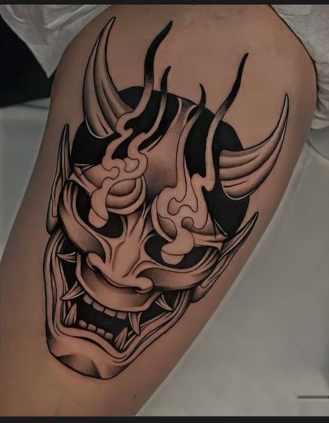 Japanese Ogre Tattoo, Trad Japanese Tattoo, Omni Mask Tattoo, Traditional Oni Mask Tattoo Design, Demon Head Tattoo, Dark Japanese Tattoo, Japanese Hannya Mask Tattoo Design, Hannya Mask Art, Oni Tattoos