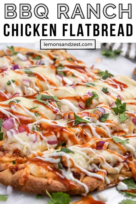 A simple dinner or appetizer ready from start to finish in 20 minutes, this BBQ Chicken Flatbread is a great way to use up some leftover chicken in a delicious way. Chicken is tossed in ranch dressing to give an extra level of flavor unlike any BBQ chicken pizza around! Chicken Ranch Flatbread Pizza, Flatbread Pizza Bbq Chicken, Shredded Chicken Flatbread Recipes, Rotisserie Chicken Flatbread Recipes, Bbq Ranch Chicken Pizza, Ranch Bbq Chicken, Bbq Ranch Pizza, Flat Bread Bbq Chicken Pizza, Bbq Chicken Flatbread Recipes