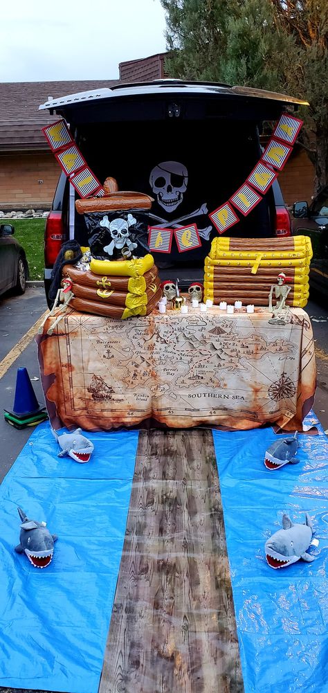 Jeep Pirate Theme, Trunk Or Treat Ideas Pirate Theme, Trunk Or Treat Ideas For Cars Pirate Theme, Trunk Or Treat Ideas For Trucks Pirate, Easy Pirate Trunk Or Treat Ideas, Pirate Treasure Trunk Or Treat, Pirate Trunk Or Treat Games, Trail Of Treats Booth Ideas, Trunk Or Treat Walk The Plank