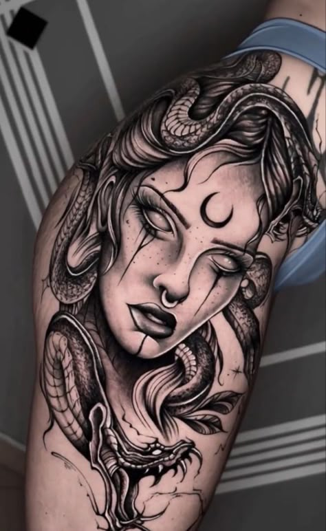 Baddie Leg Sleeve Tattoo, Thigh Tats For Women Meaningful, Side Thigh Tattoos Women Baddie, Tight Tattoos For Women, Back Tattoo Women Full, Side Tattoos Women, Girl Thigh Tattoos, Medusa Tattoo Design, Full Leg Tattoos