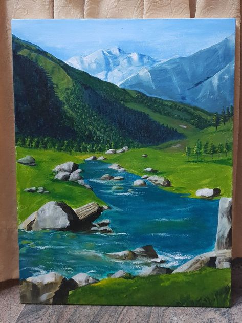 Kashmir Watercolor Painting, Kashmir Painting Art, Indian Scenery Painting, Acrylic Scenery Painting Ideas, Canvas Painting Ideas Scenery, Kashmir Drawing, Nature Paintings Acrylic Easy, Kashmir Painting, Canvas Painting Scenery