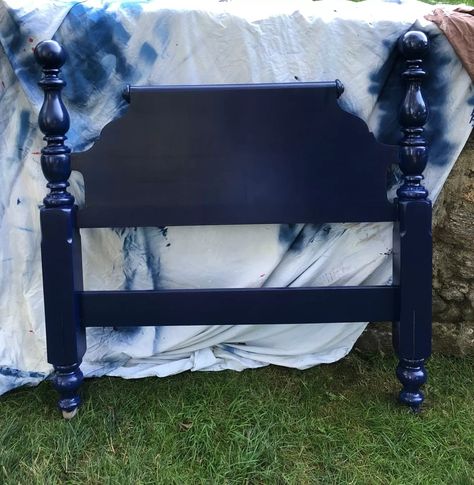 How to Paint a Bed Frame For a Durable and Stylish Finish - Kaitlin Madden Home Blogger How To Paint A Bed Frame, Painted Bed Frames Ideas, Painted Wood Bed Frame, Painted Bed Frame, Navy Painted Furniture, Painted Bed Frames, Cherry Bed, Painted Headboard, Spray Paint Wood