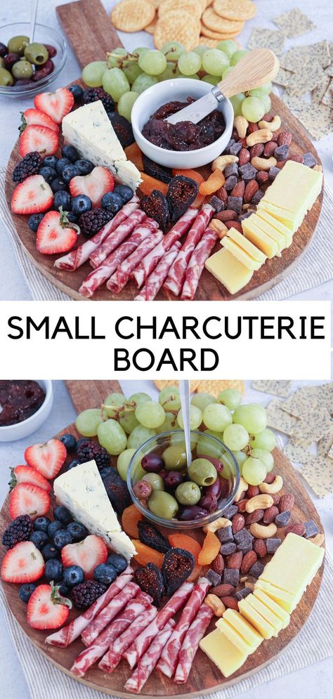 small charcuterie board on a round wooden board with a selection of cured meat, cheese, fruit and nuts. Girls Night Snacks, Apple Pie Baked Oatmeal, Girls Night In Food, Cheese Platter Presentation, Small Charcuterie Board, Small Charcuterie, Charcuterie Gifts, Grazing Board, Charcuterie Inspiration