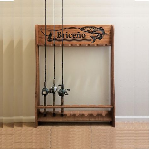 Fishing Pole Holder Wood, Wooden Fishing Rod Holder, Fishing Interior Design, Wood Fishing Rod Holder, Rod Racks Fishing, Fishing Rod Holders For Garage, Fishing Racks Rod Holders, Fishing Wood Projects, Fishing Storage Ideas