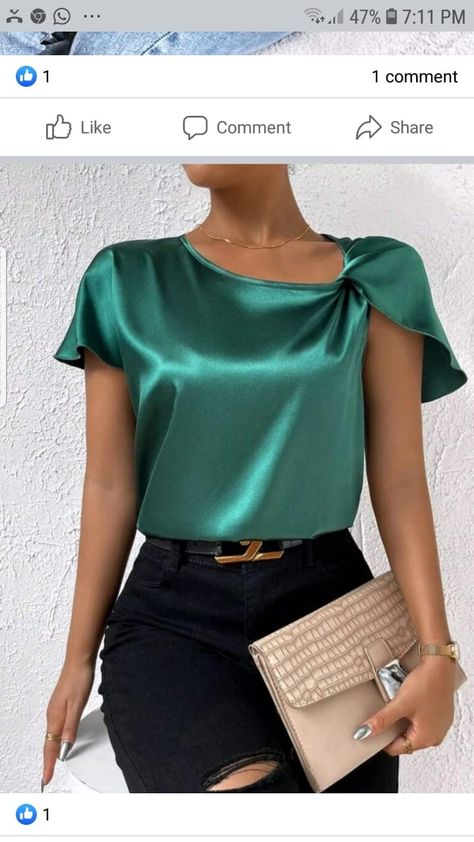 Teal Tops For Women, Satin Top Outfit Classy, Satin Top Outfit, Formal Blouses, Satin Design, Striped Off Shoulder Top, London Fashion Week Street Style, Top Girls, Satin Short