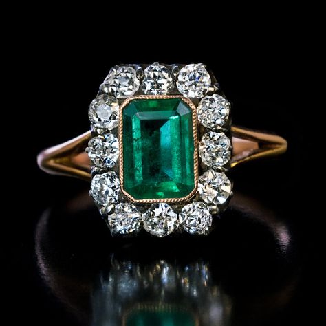 Antique Russian Emerald and Diamond Engagement Ring - Antique Jewelry | Vintage Rings | Faberge Eggs Luxury Vintage Emerald Ring With Intricate Design, Vintage Collectible Emerald Ring, Antique Emerald Ring Collectible, Luxury Antique Emerald Ring, Luxury Vintage Emerald-cut Cluster Ring, Fashion Ring, Antique Emerald Ring, Stainless Steel Wedding Ring, Emerald Ring Engagement Diamond