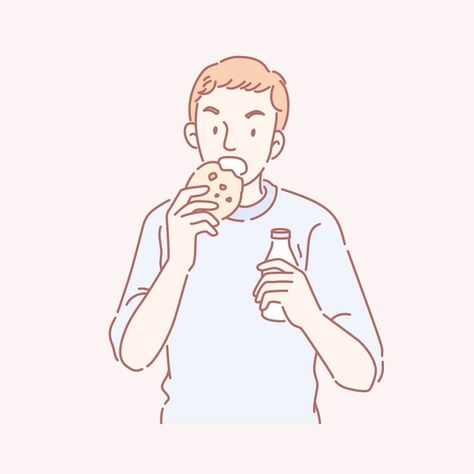 Man eating cookie and holding a bottle o... | Premium Vector #Freepik #vector #food #man #cartoon #milk Holding Cookie Reference, Holding Food Reference Drawing, Someone Eating Drawing, Eating Cookies Illustration, Eating Art Reference, Eating Drawing Reference, Eating Food Drawing, Eat Drawing, David Illustration